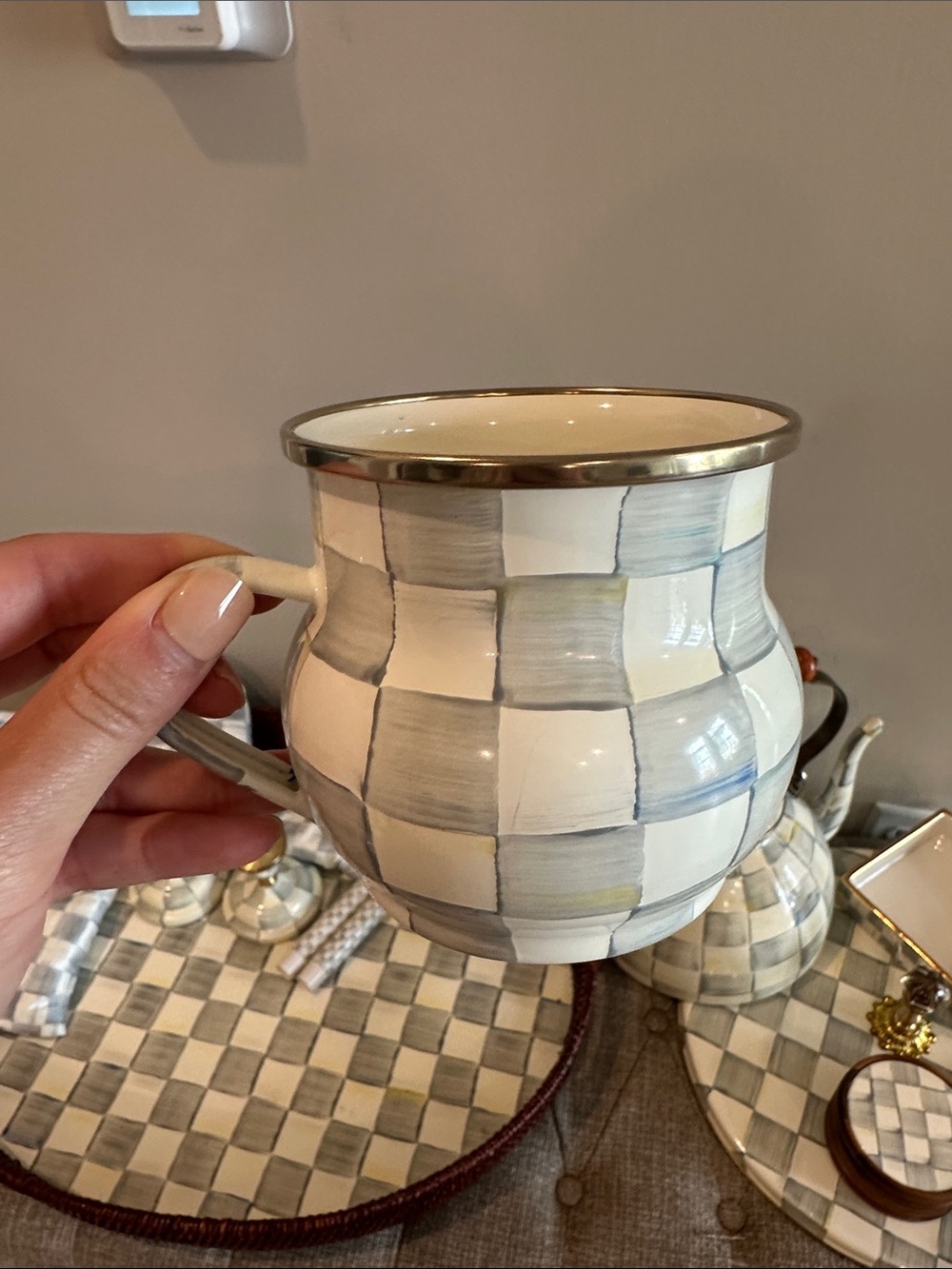 Mackenzie Childs Ceramic Mug with Gold Rim - White & Gray